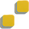 Set of 8 square fabric coasters, yellow, blue, and gray, with rounded corners, for drink protection.