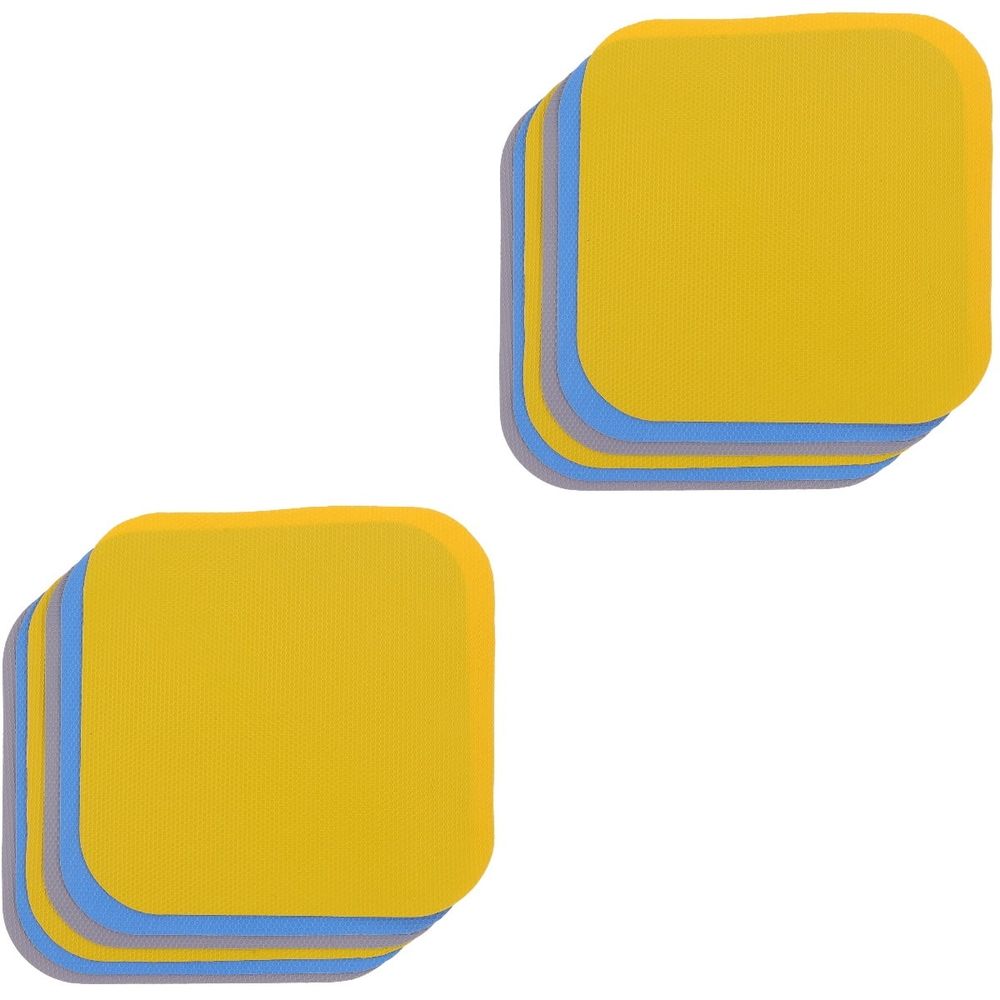 12-Pack Non-Skid Jar Gripper Pads For Easy Opening – Sumo Deals Set Of 8 Square Fabric Coasters, Yellow, Blue, And Gray, With Rounded Corners, For Drink Protection.