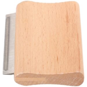 Wooden lint remover with light brown wood handle and silver metal comb for fabric defuzzing.