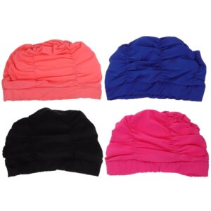 4 ruched nylon swim caps: coral, blue, black, hot pink. Elasticated for comfortable swimming.