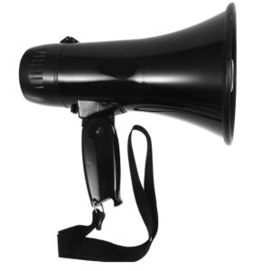 Black plastic handheld megaphone with folding handle and wrist strap for events, rallies, and crowd control.