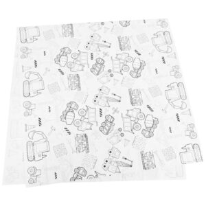 White paper coloring placemat with black construction vehicle and tool outlines, mazes, and word searches for kids.
