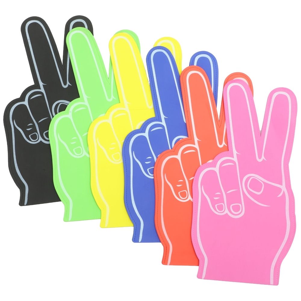 Foam Fingers 6-Pack | Cheering Props For Sports Fans – Sumo Deals Assorted Foam Finger Peace Signs In Black, Green, Yellow, Blue, Orange, And Pink For Sports Events.