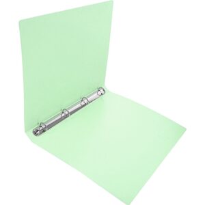 Light green translucent plastic 3-ring binder with silver metal rings, open, for organizing documents in school or offic