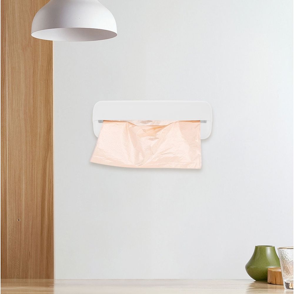 Wall-Mounted Plastic Bag Dispenser For Kitchen &Amp; Pantry – Sumo Deals Wall-Mounted White Plastic Trash Bag Dispenser With Peach-Colored Bags For Kitchen Or Bathroom Use.
