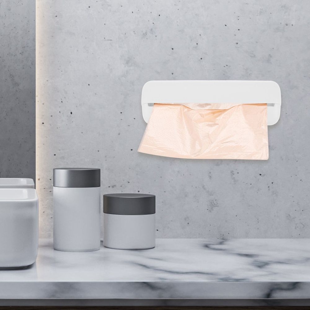 Wall-Mounted Plastic Bag Dispenser For Kitchen &Amp; Pantry – Sumo Deals White Plastic Wall-Mounted Bag Dispenser With Peach-Colored Plastic Bags, For Kitchen Or Bathroom Waste.