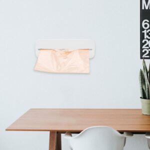 Wall-Mounted Plastic Bag Dispenser For Kitchen &Amp; Pantry – Sumo Deals Wall-Mounted White Plastic Bag Dispenser With A Roll Of Peach-Colored Bags, For Kitchen Or Utility Room Organization.