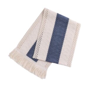 Cream and blue striped cotton knit throw blanket with fringe, for home decor.