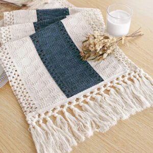 Boho Cotton Table Runner, White With Blue Stripe, Macrame Lace Edges &Amp; Tassels For Dining Decor.