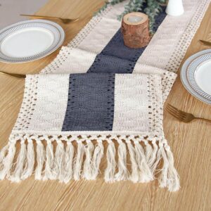 Boho Macrame Cotton Table Runner, White &Amp; Blue Striped With Fringe, For Dining Table Decor.