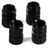 Set of 4 black anodized aluminum hex-shaped tire valve stem caps with internal threads for cars, bikes, and motorcycles.