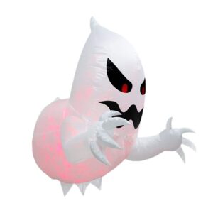 Inflatable White Ghost With Red Glowing Eyes And Pink Internal Lights, For Halloween Yard Decoration.