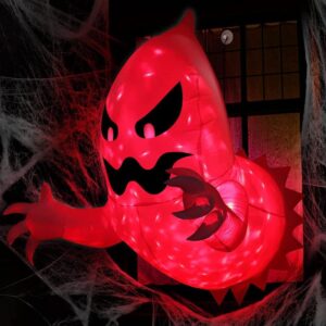 Red Inflatable Ghost Halloween Decoration With Black Eyes And Mouth, Spiky Base, And Clawed Hands For Outdoor Display.