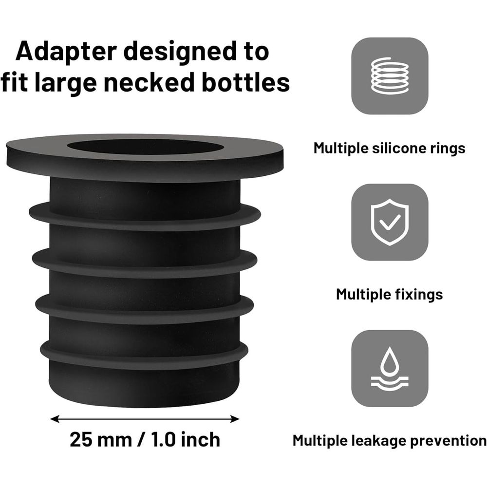 Liquor Pourer Adapters For Large Bottles (7-Pack) – Sumo Deals Black Silicone Bottle Adapter With Multiple Rings, 25Mm Diameter, For Large-Necked Bottles, Preventing Leaks.