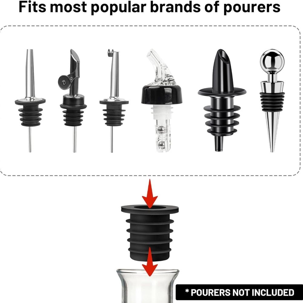 Liquor Pourer Adapters For Large Bottles (7-Pack) – Sumo Deals Black Ribbed Rubber Pourer Replacement Cork Stopper For Liquor Bottles, Shown Fitting Various Pourer Types.