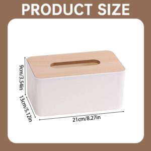 White Plastic Tissue Box Cover With Light Wood Lid, Rectangular, For Facial Tissues.