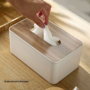 Modern Rectangular Tissue Box, White Plastic Base With Wood Grain Lid, For Home Or Office Decor.