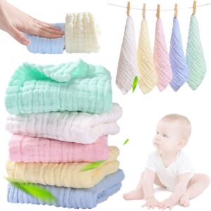 Soft, absorbent 6-layer cotton gauze baby washcloths in pastel colors (mint, white, pink, yellow, blue) for gentle clean