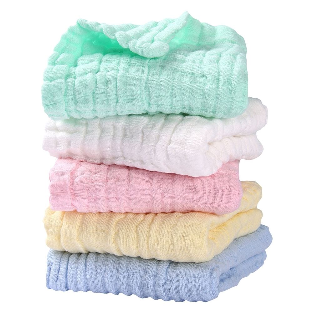 Baby Washcloths – Soft Cotton Towels For Sensitive Skin 5- – Sumo Deals Stack Of 5 Soft, Crinkled Cotton Muslin Baby Washcloths In Mint, White, Pink, Yellow, And Blue For Gentle Bathing.
