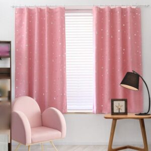 Pink blackout curtains with silver star pattern, polyester, for kids' bedroom or nursery.
