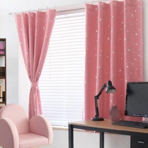 Pink Blackout Curtains With Silver Star Pattern, Polyester, For Kids' Bedroom Or Nursery.
