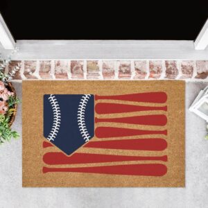 Baseball flag coir doormat with red bats and blue home plate design, outdoor entrance mat.