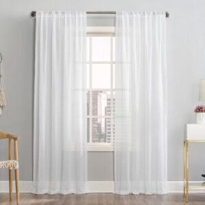White sheer linen curtain panels on a rod, light filtering window treatment for living room.