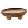 Round, light brown wooden display tray with three spherical feet, for home decor, plants, or small items.