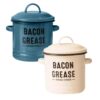 Set of 2 vintage enamel bacon grease containers, one teal, one cream, with "Bacon Grease" text, for kitchen storage.