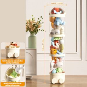 Tall Clear Plastic Toy Storage Tower With Cream Bases, Dust-Proof, Slide Cover, For Kids' Room Organization.