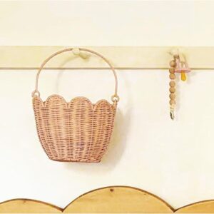 Pink Rattan Scallop Edge Basket With Handle, For Nursery Storage Or Decor.