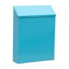 Turquoise metal wall-mount mailbox with sloped lid, sleek rectangular design for secure mail delivery.