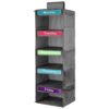 Gray fabric hanging closet organizer with 5 shelves, side mesh pockets, and colorful day-of-week labels for clothes.