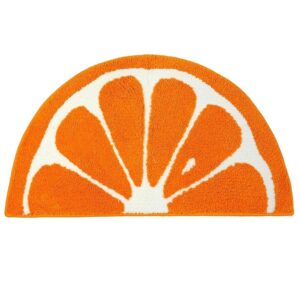 Orange Slice Bath Mat, Half-Circle, Plush Cotton, White And Orange Segments, For Bathroom Or Kids' Room.