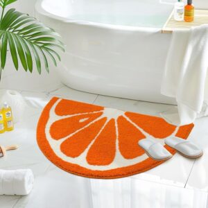Orange Slice Bath Mat, Half-Round, Plush Microfiber, Vibrant Orange And White, Non-Slip, For Bathroom Decor.