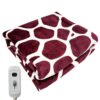 Plush electric blanket, burgundy and white giraffe print, soft fleece, with controller for cozy warmth.