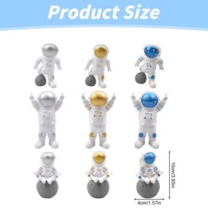 Set of 9 resin astronaut figurines, white suits with silver, gold, or blue helmets, for home decor or cake toppers.