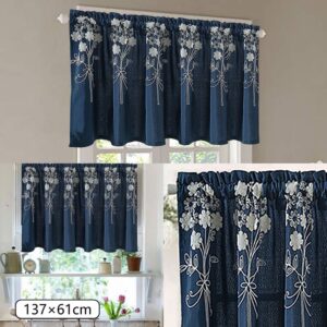 Navy blue polyester kitchen valance with white floral embroidery, 137x61cm, for window decor.