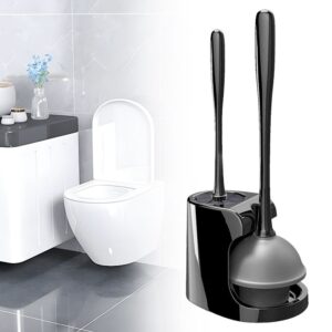 Black plastic toilet brush and plunger set with holder for bathroom cleaning.