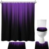 Purple and black ombre stripe polyester shower curtain and bath mat set for bathroom decor.