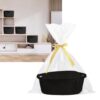 Black woven cotton rope storage basket with handles, in clear gift wrap, for home organization.