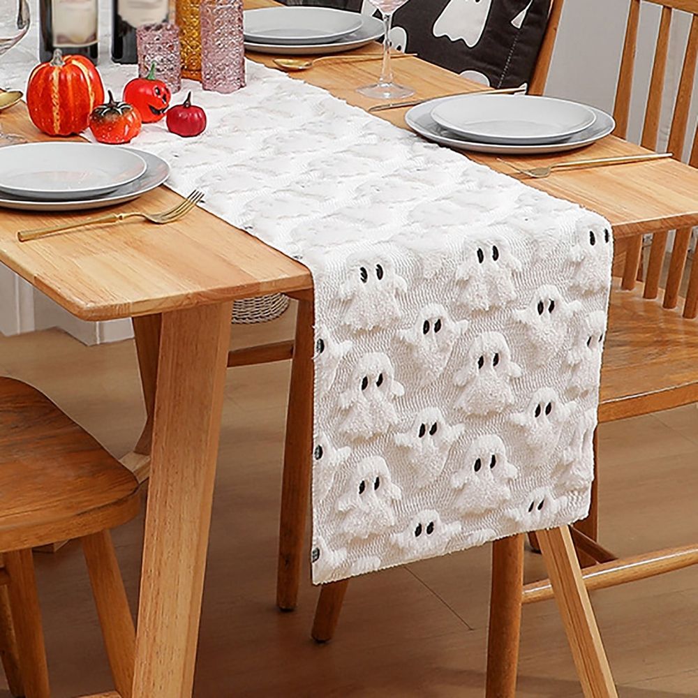 Halloween Table Runner | Spooky Dining Decor – Sumo Deals White Fluffy Ghost Halloween Table Runner, Textured Fabric, For Festive Dining Decor.