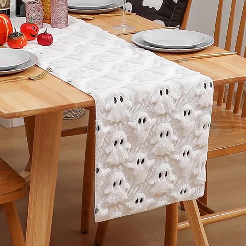 Halloween Table Runner | Spooky Dining Decor – Sumo Deals White Fuzzy Halloween Table Runner With 3D Ghost Pattern, Perfect For Spooky Holiday Dining Decor.