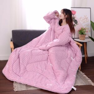 Pink striped wearable blanket with sleeves, quilted cotton, for cozy lounging.