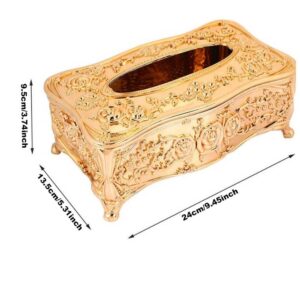 Ornate Gold Resin Tissue Box Cover, Rectangular With Embossed Floral Patterns, For Elegant Home Decor.