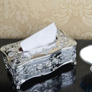 Ornate Silver-Plated Tissue Box Cover With Embossed Floral Design, Rectangular, For Elegant Home Decor.