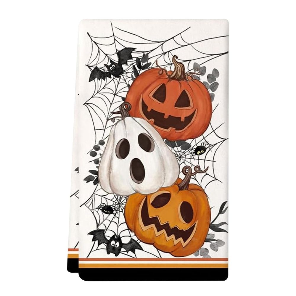Halloween Kitchen Towel | Spooky Pumpkin &Amp; Bat Design – Sumo Deals Halloween Kitchen Towel, White With Orange Jack-O'-Lanterns, White Ghost, Bats, Spiders, Spiderwebs For Holiday Decor.