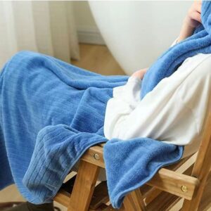 Fleece Velvet Bath Towel | Absorbent &Amp; Quick-Dry – Sumo Deals Soft Blue Microfiber Bath Towel With Ribbed Texture, Draped Over A Person In A Chair After Bathing.