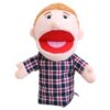 Plush hand puppet with light skin, brown hair, wide open red mouth, wearing a blue, red, and white plaid shirt. For kids