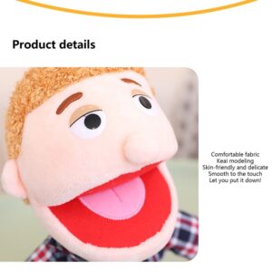 Plush Hand Puppet With Peach Skin, Brown Hair, Wide Red Mouth, Pink Tongue, And Plaid Shirt For Kids' Play.